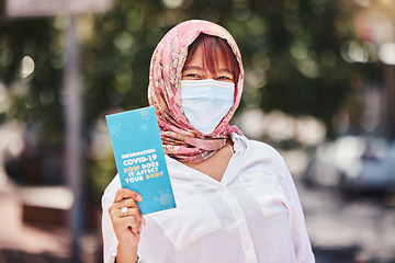 Image showing Portrait of muslim woman, covid and a vaccine promotion for pandemic safety, covid 19 information and face mask with islam hijab. Corona virus compliance, healthcare support and health wellness info