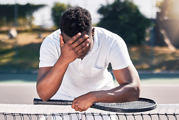 Image showing Loser, tennis and black man fitness, for game and losing with headache outdoor on court. Mental health, African American male and athlete with stress, workout and bad training after frustrated match.