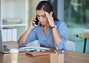 Image showing Phone call, stress or business woman with documents for headache, depression or audit anxiety, chart or marketing research. Corporate, laptop or employee with smartphone with insurance finance loss