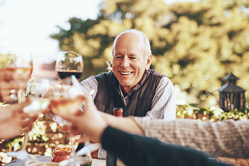 Image showing Wine, cheers and grandpa in christmas toast with family for holiday celebration together with food and friends in garden. Hands, wine glasses and friendship, senior man with smile at dinner party