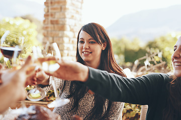 Image showing Toast, celebration and friends at a lunch with love, happy and smile during a patio party. Cheers, food and family with wine to celebrate Christmas or Thanksgiving in the backyard of a house