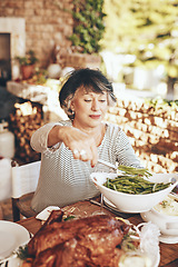 Image showing Dinner, dish and senior woman with food at an outdoor dinner, party or event in the garden. Eating, lunch and elderly lady serving vegetables with roast meat at a outside dining table at her home.