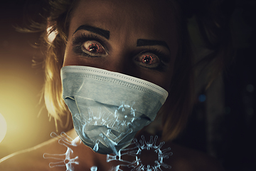 Image showing Horrible portrait of a sick woman on coronavirus background