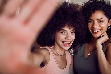Image showing Selfie, face and friends smile and happy reunion, laugh and being funny together. Social media, picture and women with photo and happiness, afro and internet post online, beauty and friendship