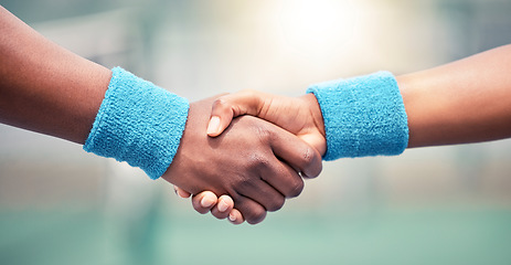 Image showing Handshake, sport with motivation and support, solidarity with congratulations or partnership, hands together closeup. Exercise, wrist band and fitness, active lifestyle with team shaking hands.