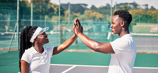 Image showing High five, tennis and sports couple or black people with success, competition congratulations or support in game collaboration. Tennis court, athlete and fitness friends with mission or yes hand sign