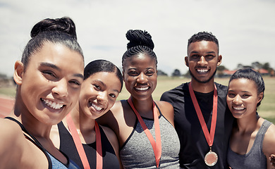 Image showing Women, man and running track team with medals in fitness, workout or training marathon, sprint event or competition race. Portrait, happy smile or winner runners with sports award or exercise prize