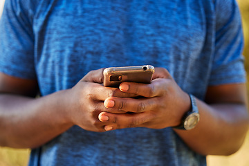 Image showing Fitness, nature and smartphone hands of black man search, typing or 5g network location, training results or social media update. Sports, athlete or runner using phone on website, map or outdoor chat