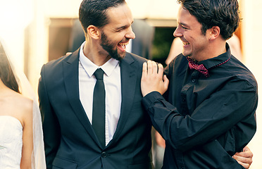 Image showing Wedding, groom and friends with a best man and male on a marriage day for a celebration event. Happy, laugh and tradition with a bridegroom and groomsman celebrating him getting married at a church