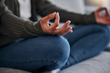 Image showing Meditation, lotus hands and woman with zen and yoga at home, mindfulness and chakra balance for positive energy and wellness. Meditate on sofa, spiritual and peace, calm stress relief and healing.