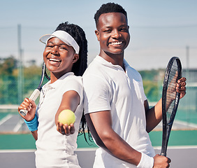 Image showing Tennis, fitness and portrait of couple with smile standing on court in summer for friendly match. Sports exercise, happy friendship and teamwork, healthy black woman and young man at fun doubles game