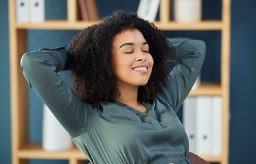 Image showing Peace, relax and black woman in office happy taking.break from attorney work for mental health. Calm, health and wellness of lawyer in workplace with joyful smile stretching and resting mind.