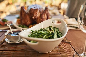 Image showing Food, vegetables and nutrition with table setting for Christmas or thanksgiving celebration, dinner or lunch meal closeup. Healthy meal, green beans vegetable and dinner party to celebrate.