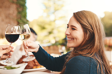 Image showing Wine toast, glasses and celebration dinner party with a woman happy about holiday event. Food, happiness and christmas lunch of female cheers with alcohol drink to celebrate gratitude outdoor