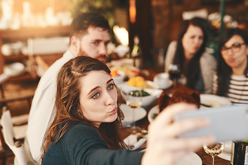 Image showing Selfie, restaurant and dinner of people at party for celebration, holiday or thanksgiving and friends. Fine dining, food and influencer friends in smartphone photography for social event lifestyle