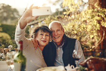 Image showing Senior couple, bonding and phone selfie on vineyard holiday, wine farm vacation or retirement break on countryside estate. Smile, hug and happy elderly man and woman on mobile photography technology