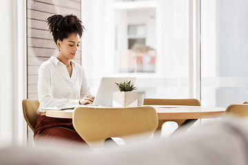 Image showing Laptop, startup and black woman with marketing, copywriting or website update planning in a modern office. Creative, advertising agency and african corporate manager typing email communication ideas