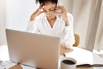 Image showing Phone call, stress and black woman frustrated, laptop and reporting theft with bills at desk with laptop. African American female, lady or cellphone for connection, irregular payment query and debt.