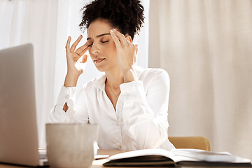 Image showing Headache, burnout and business woman with laptop for stress, anxiety and mental health management. Risk, tired and fatigue with black woman in office with notebook for report, tax and audit