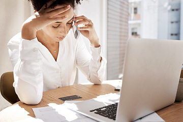 Image showing Credit card, phone call and black woman frustrated for debt, bills or desk with laptop. African American lady, upset female or smartphone for connection, communication stress or talking payment query