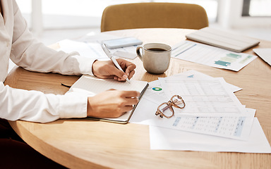 Image showing Budget, planning and woman writing in notebook at table with finance or tax documents. Savings, mortgage or financial investment, businesswoman working on payment plan for home accounting and fintech