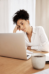 Image showing Business woman, depression and laptop with anxiety, mental health and stress for online report in home office. Black woman, frustrated, bored or burnout of work, personal life or bad news on email