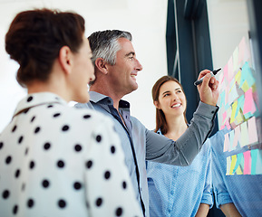 Image showing Business people, brainstorming and sticky notes for planning, strategy or teamwork at the office. Happy creative employee workers in team meeting collaboration, post it and schedule or project plan