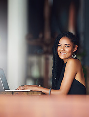 Image showing Coffee shop, laptop and portrait of woman at a cafe for freelance, remote work and research, happy and relax. Black woman, restaurant and social media content creator writing for blog, vlog or post