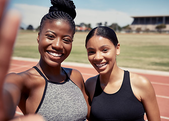 Image showing Friends, selfie and running with women on stadium track for training, sprinting and stamina endurance. Cardio, workout and sports with portrait of runner for teamwork, collaboration and sprinting
