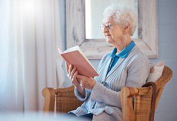 Image showing Book, reading and senior woman in home retirement with glasses and calm mindset, knowledge and learning on sofa chair. Elderly or old woman with literature, language and love story in her living room