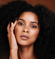 Image showing Portrait of black woman, face glow or afro hair style on studio background in hair growth, curls maintenance or skincare health. Zoom, beauty model or fashion hair care wellness or makeup cosmetics