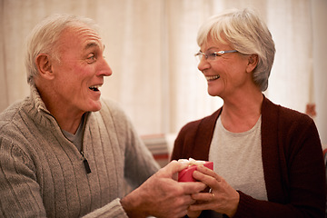 Image showing Elderly, couple and giving gift for Christmas, holiday celebration and happy together with love and care. Smile, wow and celebrate, man giving woman present at home with festive season and holidays.