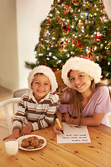 Image showing Kids, portrait and christmas cookies note for festive celebration with young siblings in home. Happy, children and writing letter for santa with excited smile, milk and baked cookie recipe.