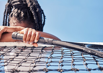 Image showing Tennis, sport fail and black woman sad after defeat at game or competition against a blue sky with depression, stress and anxiety. Burnout, tired and mental health of an athlete after loss or mistake