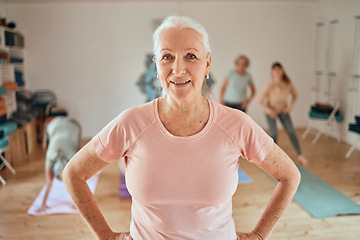 Image showing Portrait, senior woman and yoga class, wellness and coach, exercise and healthy lifestyle, workout and fitness studio. Happy pilates lady, yogi and trainer, group training and workout in retirement