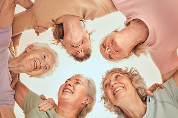Image showing Fitness, goals and senior women in a circle for team building, motivation and community support. Retirement, below or happy elderly friends with mission after yoga class training, workout or exercise