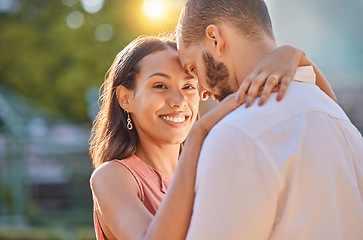 Image showing Love, happy and couple hug on vacation for a honeymoon in Brazil, Sao Paulo for relaxing peace and freedom. Smile, travel and young woman hugging her partner enjoying a summer romance on holiday