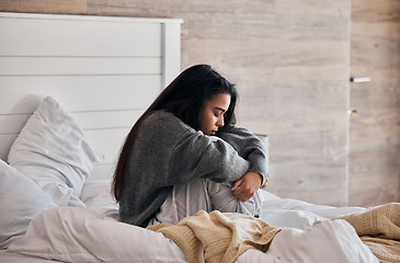 Image showing Sad, depression and woman with stress in bedroom thinking of a break up, broken heart or mental health problems. Divorce, stressed or depressed girl with insomnia, anxiety or negative memory at home