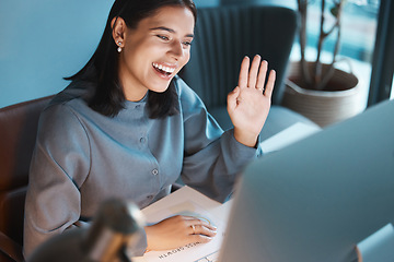 Image showing Video call, wave and computer with business woman in office for social networking, communication and webinar. Online meeting, technology and management with employee hello for virtual conference