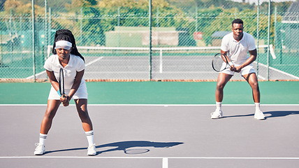 Image showing Tennis, sports and portrait of black couple on court for game, competition or match. Doubles partner, fitness and teamwork of tennis players, man and woman training for exercise outdoors on field.