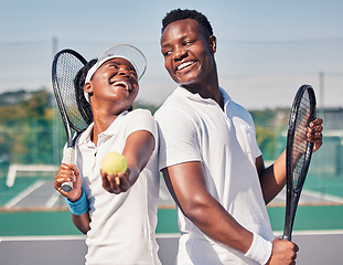 Image showing Sports, tennis and black couple with tennis ball on court ready for game, match and training outdoors. Dating, quality time and happy man and woman with racket for fitness, exercise and workout