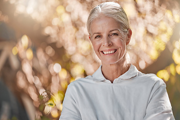 Image showing Elderly woman, portrait smile and nature for happy retirement, relax or adventure in the outdoors. Happy senior female face smiling with teeth in happiness or satisfaction for the natural environment