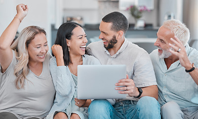 Image showing Family, laptop and celebration for good news on sofa and relaxing together in happiness at home. Happy couple and grandparents celebrating success for promotion on computer on the living room couch