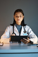 Image showing Woman, doctor or digital tablet for test result analytics, medicine night research or healthcare life insurance management. Medical worker, surgeon or hospital technology in surgery schedule planning