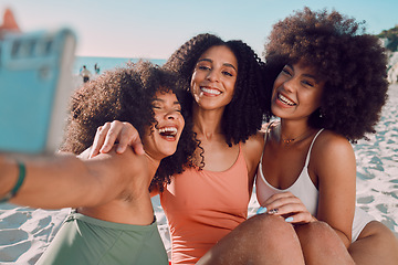 Image showing Summer selfie, beach and black women friends enjoy holiday, vacation and weekend travel together. Happiness, ocean and group of people smiling, laughing and fun for social media picture at sea