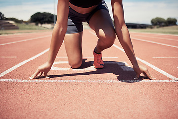 Image showing Black woman, athlete and hands on track to start race, running and outdoor for fitness, wellness or health. Exercise, African American female or girl ready for marathon, workout or training in summer