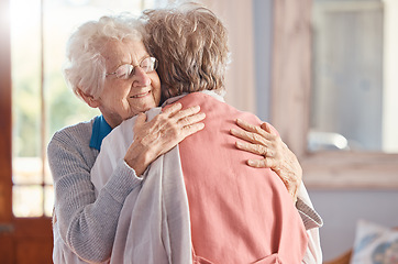 Image showing Friends, comfort and senior women hug in nursing home for empathy, compassion and care. Love, support and elderly female best friends hugging, embrace and bonding to enjoy happy retirement together