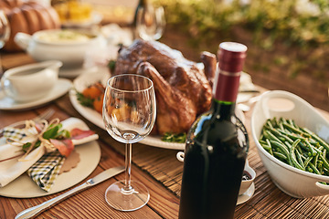 Image showing Top view, wine glass and food at luxury restaurant, chicken and vegetable. Alcohol, meal, fresh meat and arranged for lunch on a vineyard with wine tasting on a farm during a weekend or healthy lunch