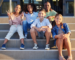 Image showing School, friends and children sitting on steps smiling, happy and excited for learning, class and lesson. Education, back to school and portrait of young students in primary school ready for knowledge