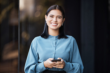 Image showing Business woman, portait and smile with phone typing, happy to email or doing online, internet or web search. Career female with mobile smartphone working in social media marketing outdoor in the city